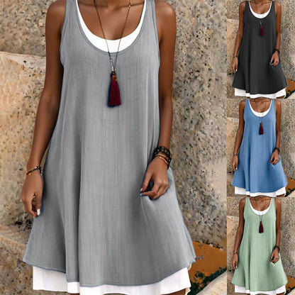 🌸Summer Hot Sale 50%OFF🌸 Women's Casual Loose Sleeveless Fake Two Piece Tank Dress